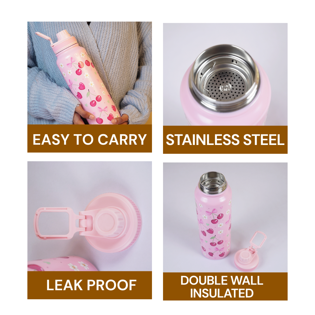 Cute Cherry Print Stainless Steel Water Bottle