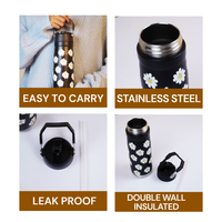 Daisy Print Black Stainless Steel Water Bottle