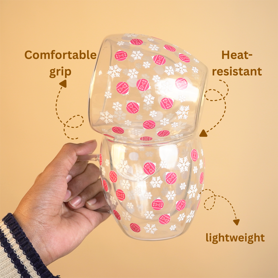 Set-2 Double Wall Glass Mug – Snowflake & Ornament Design