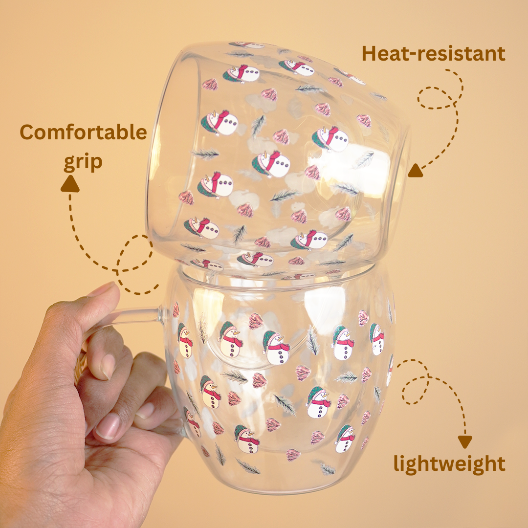Set-2 Snowman -Double Wall Glass Mug