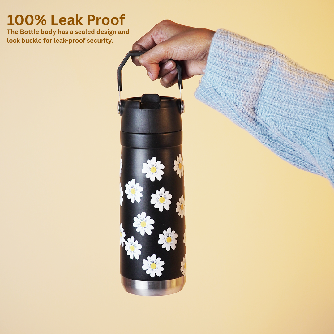 Daisy Print Black Stainless Steel Water Bottle
