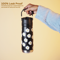 Daisy Print Black Stainless Steel Water Bottle