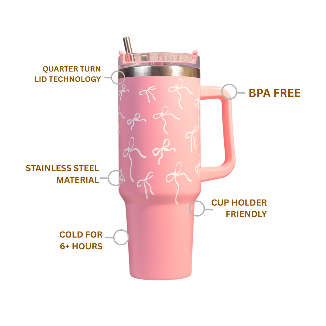 Pink Bow Insulated Tumbler with Handle & Straw