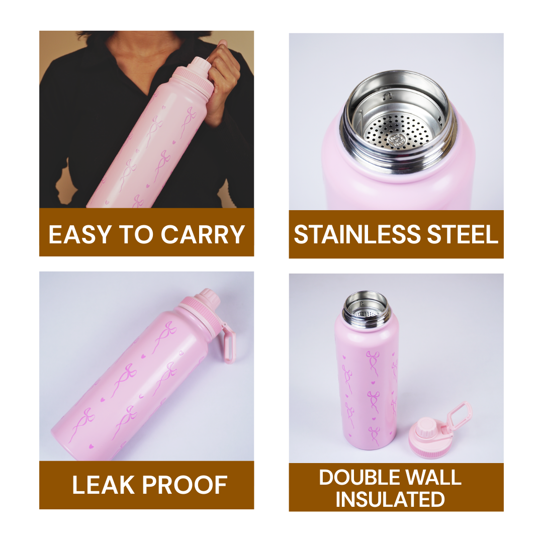Cute Bow Print Stainless Steel Water Bottle
