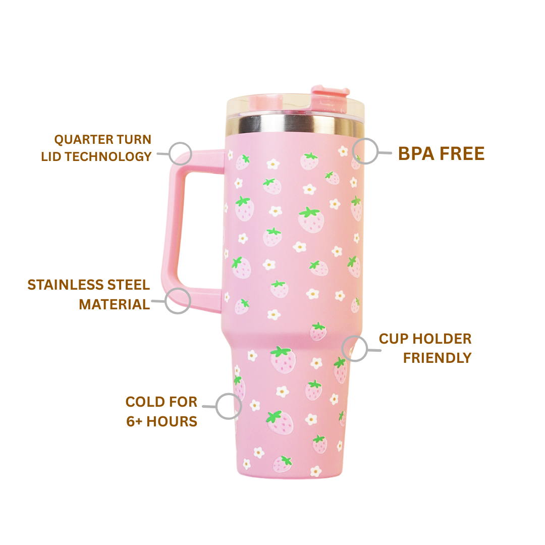 Cute Strawberry Stainless Steel Tumbler with Straw & Handle