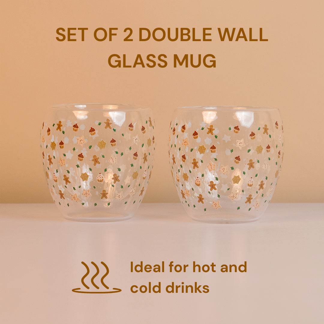 Set-2 Christmas Gingerbread & Stars -Double Wall Glass Mug