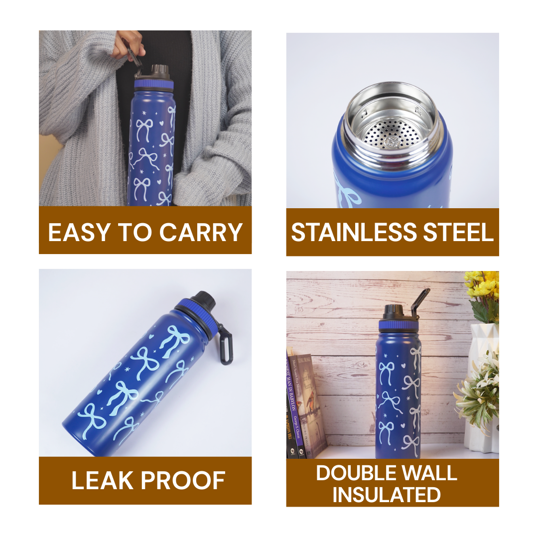 Bow Bliss Stainless Steel Water Bottle – Cute Aesthetic Design - 800 ML