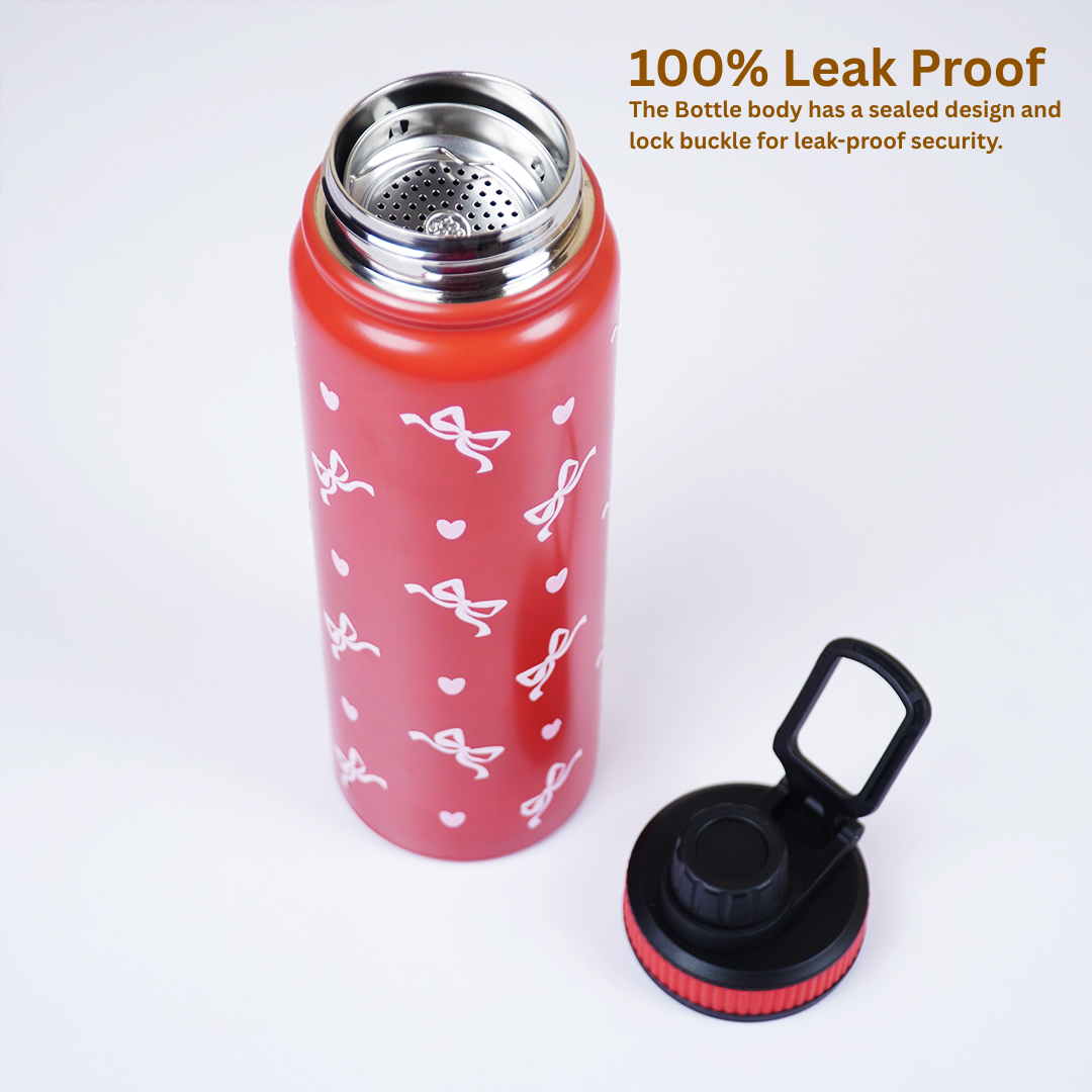Cherry Bow Print Stainless Steel Water Bottle | Cute Aesthetic Bottle for Daily Use