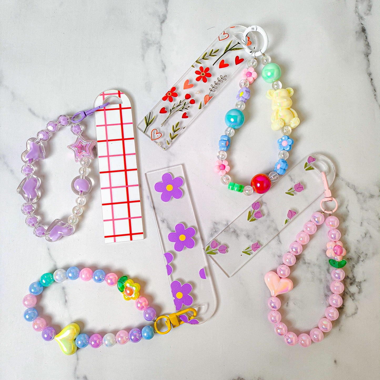 Cute Beaded Chram & Bookmark Set – Handmade Pastel Accessories for Books & Gifts set of -4