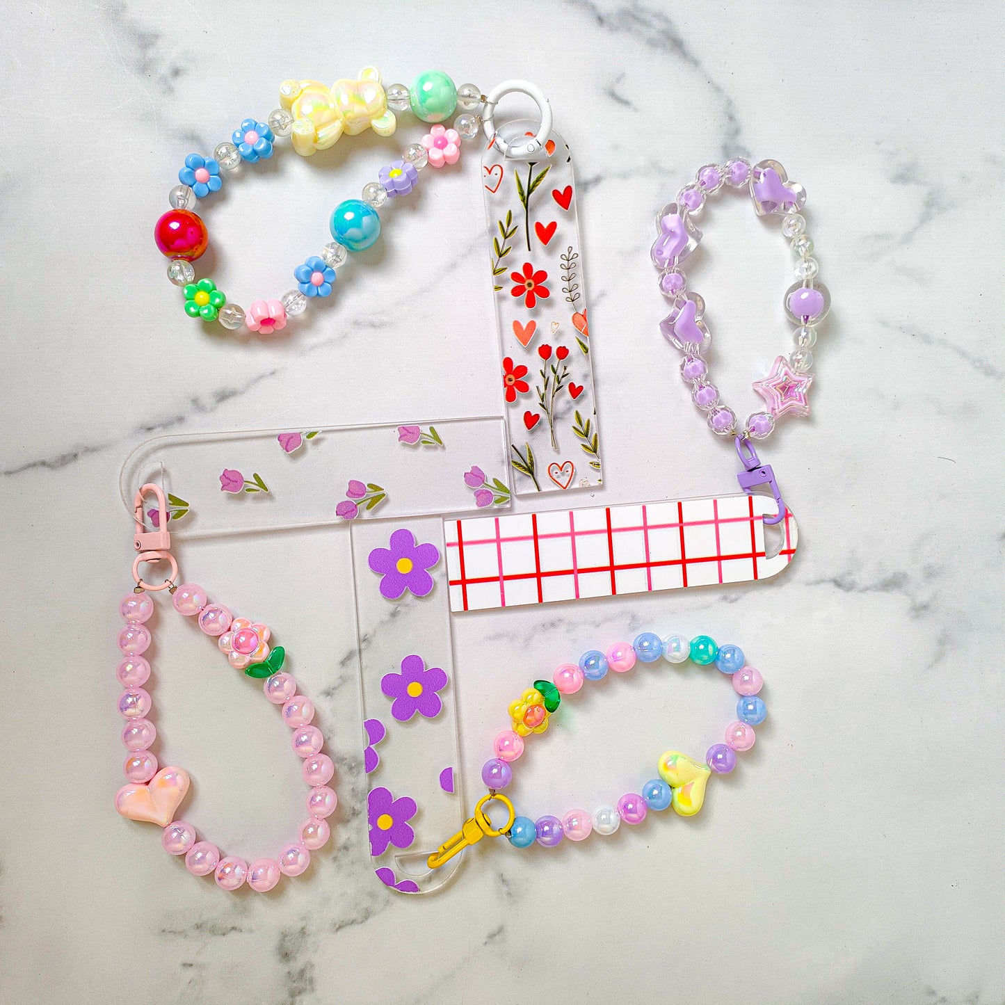 Cute Beaded Chram & Bookmark Set – Handmade Pastel Accessories for Books & Gifts set of -4