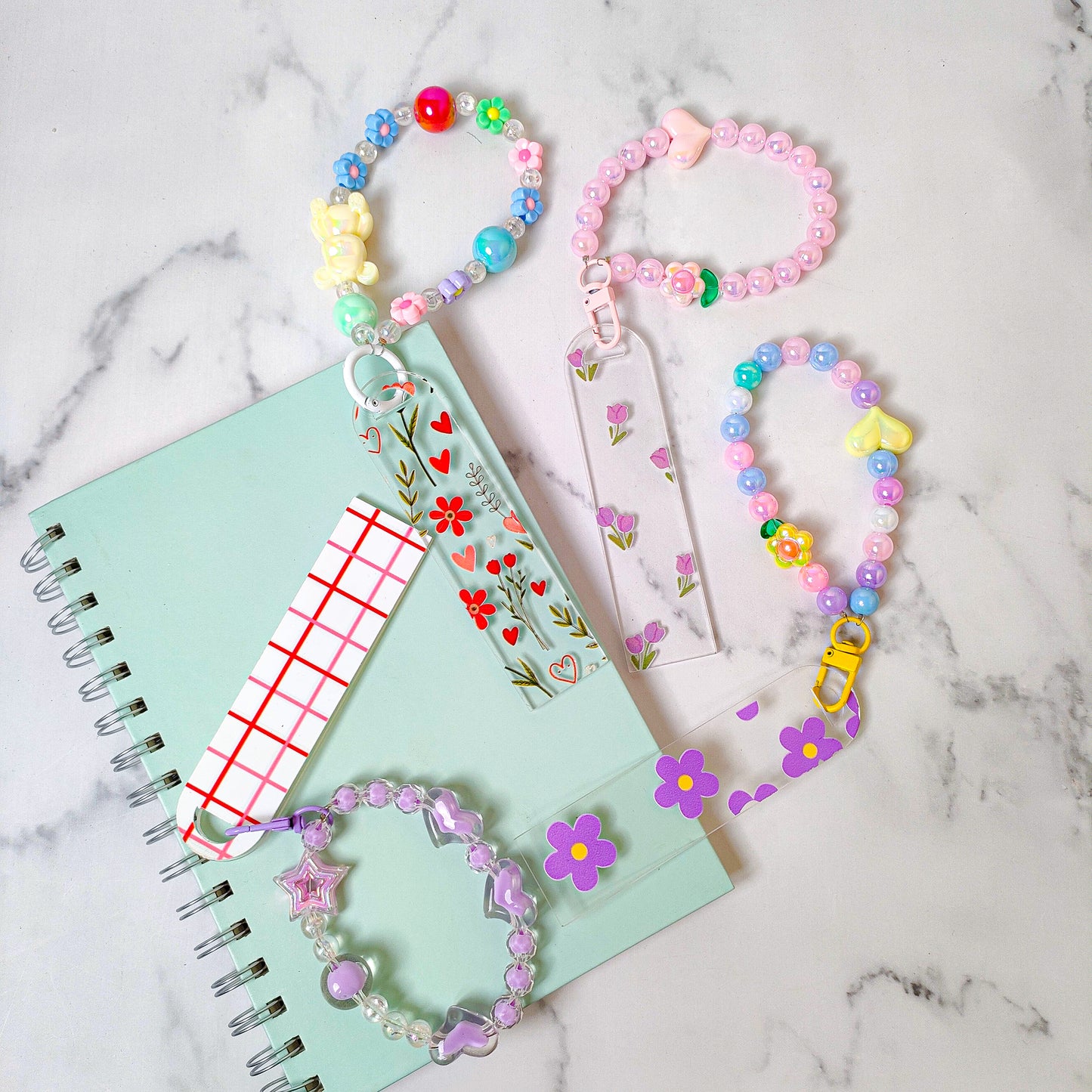 Cute Beaded Chram & Bookmark Set – Handmade Pastel Accessories for Books & Gifts set of -4