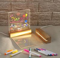 Luminious 3D Acrylic Writing DIY Board with 12 Pens LED Night Light Message Board, Rewritable Message board with Wooden stand, Dry Erase Board for Home &  Office.