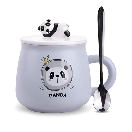 Cute Panda Mug with Hand Painted Lid and Steel Spoon