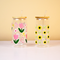 Set-2 Floral Glass Tumbler with Bamboo Lid & Straw