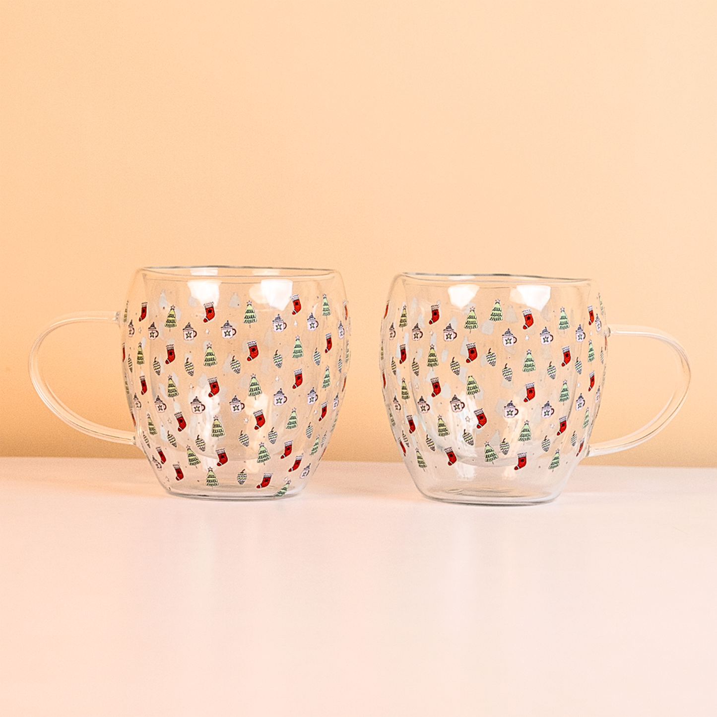 Set-2 Christmas Tree & Stocking -Double Wall Glass Mug