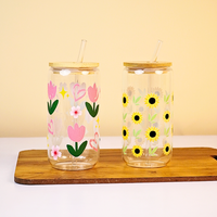 Set-2 Floral Glass Tumbler with Bamboo Lid & Straw