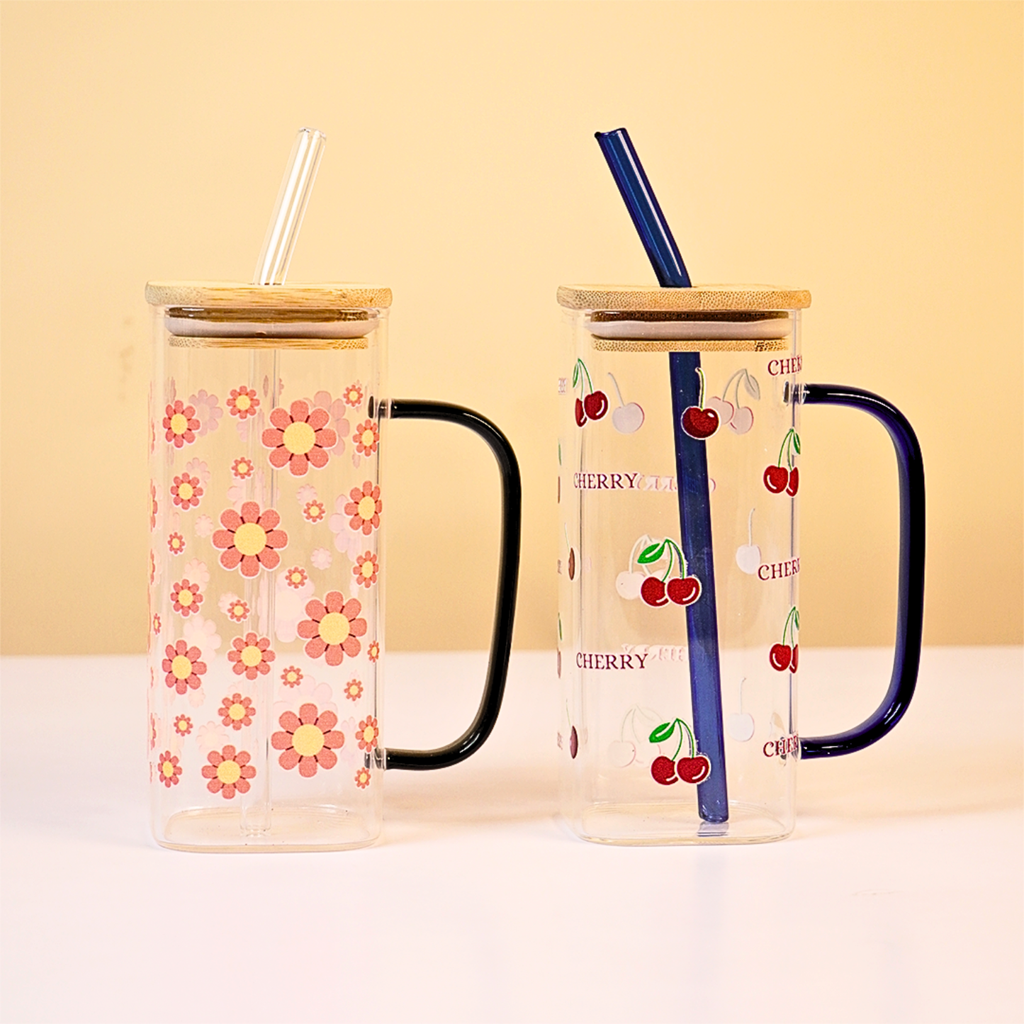 Set-2 Cherry & Floral Glass Cup with Bamboo Lid & Straw