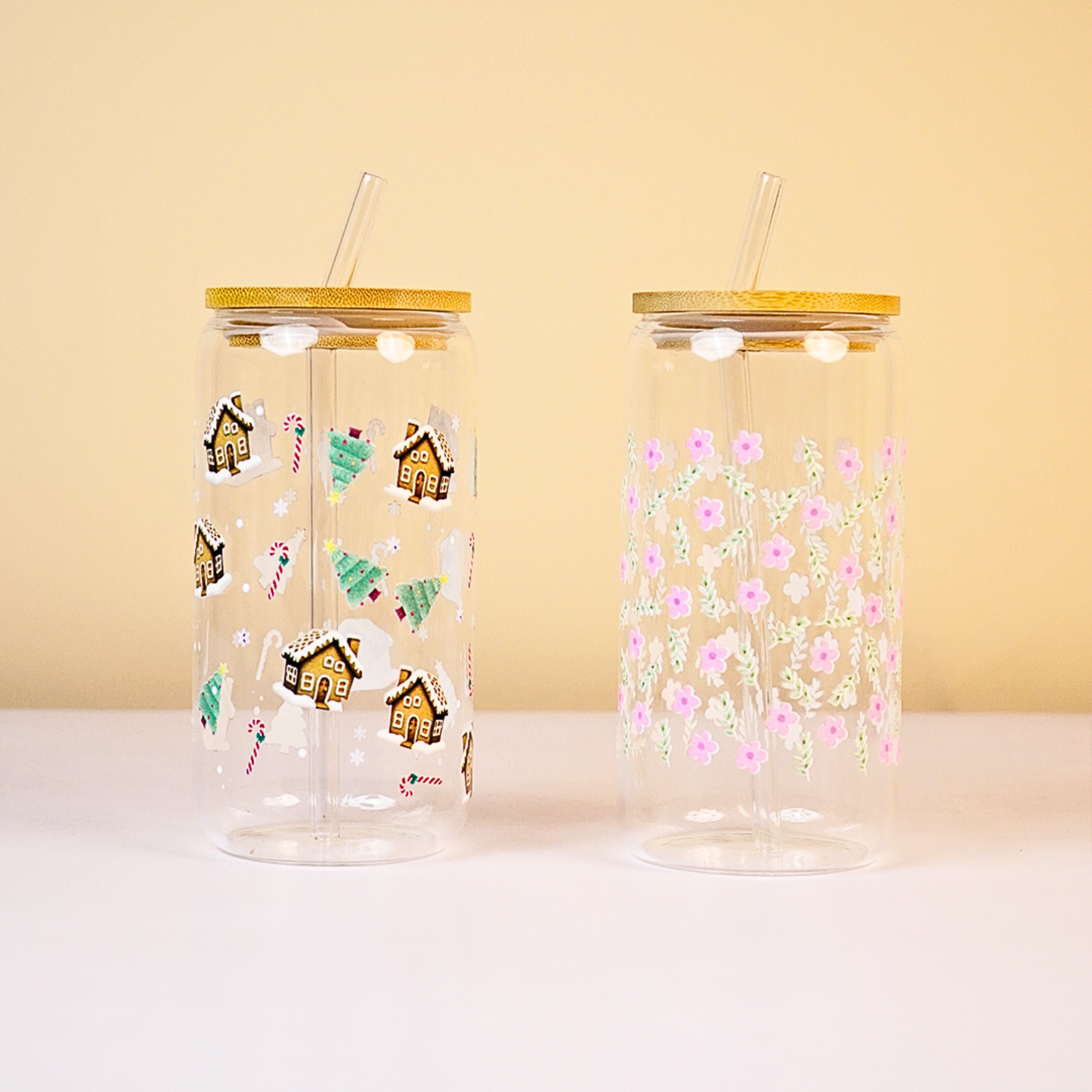 Set-2 Christmas & Floral Glass Tumbler with Bamboo Lid & Straw