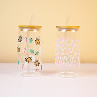 Set-2 Christmas & Floral Glass Tumbler with Bamboo Lid & Straw