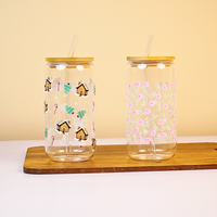 Set-2 Christmas & Floral Glass Tumbler with Bamboo Lid & Straw