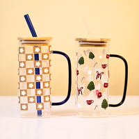 Set-2 Trendy Printed Glass Cup with Bamboo Lid & Straw
