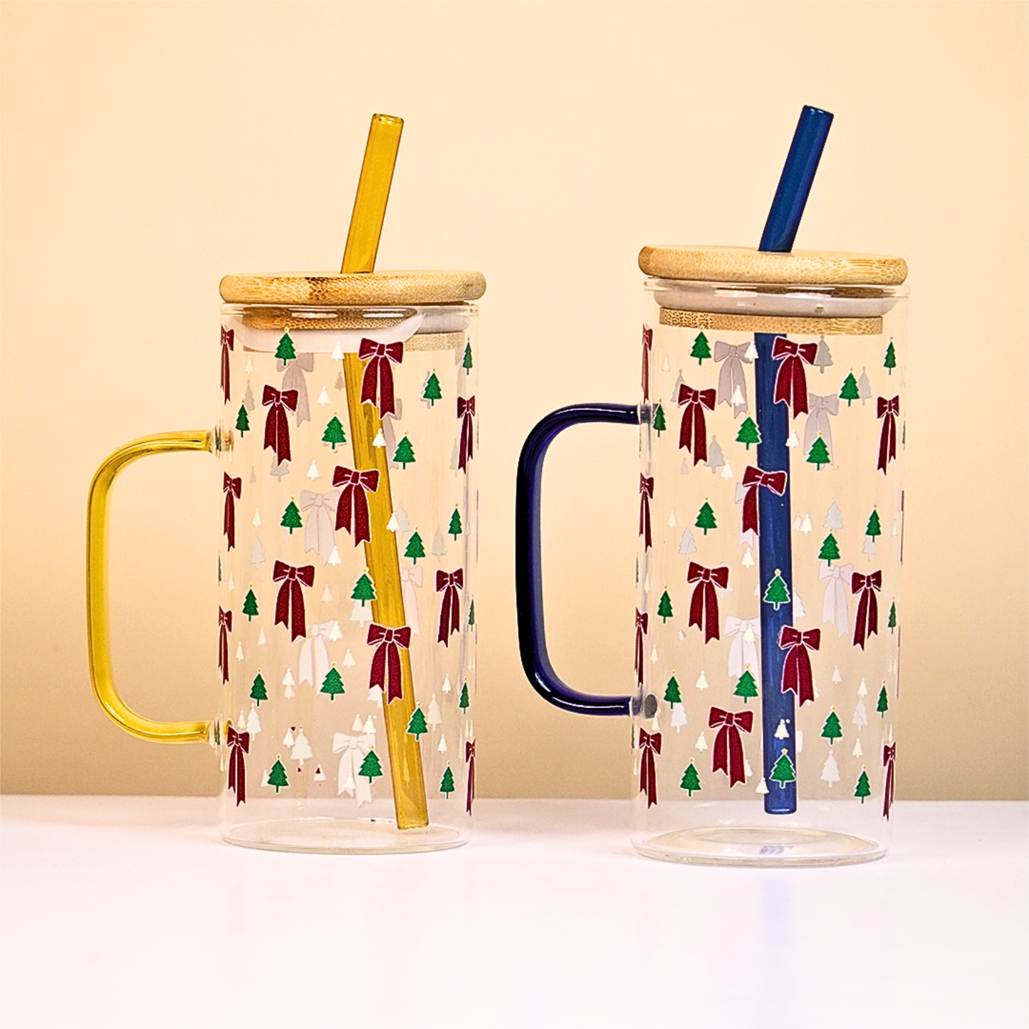 Bow and Little Christmas Tree Glass Tumbler with Handle & Bamboo Lid – Set of 2 | Festive Holiday Design with Straw