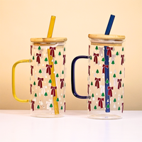 Bow and Little Christmas Tree Glass Tumbler with Handle & Bamboo Lid – Set of 2 | Festive Holiday Design with Straw