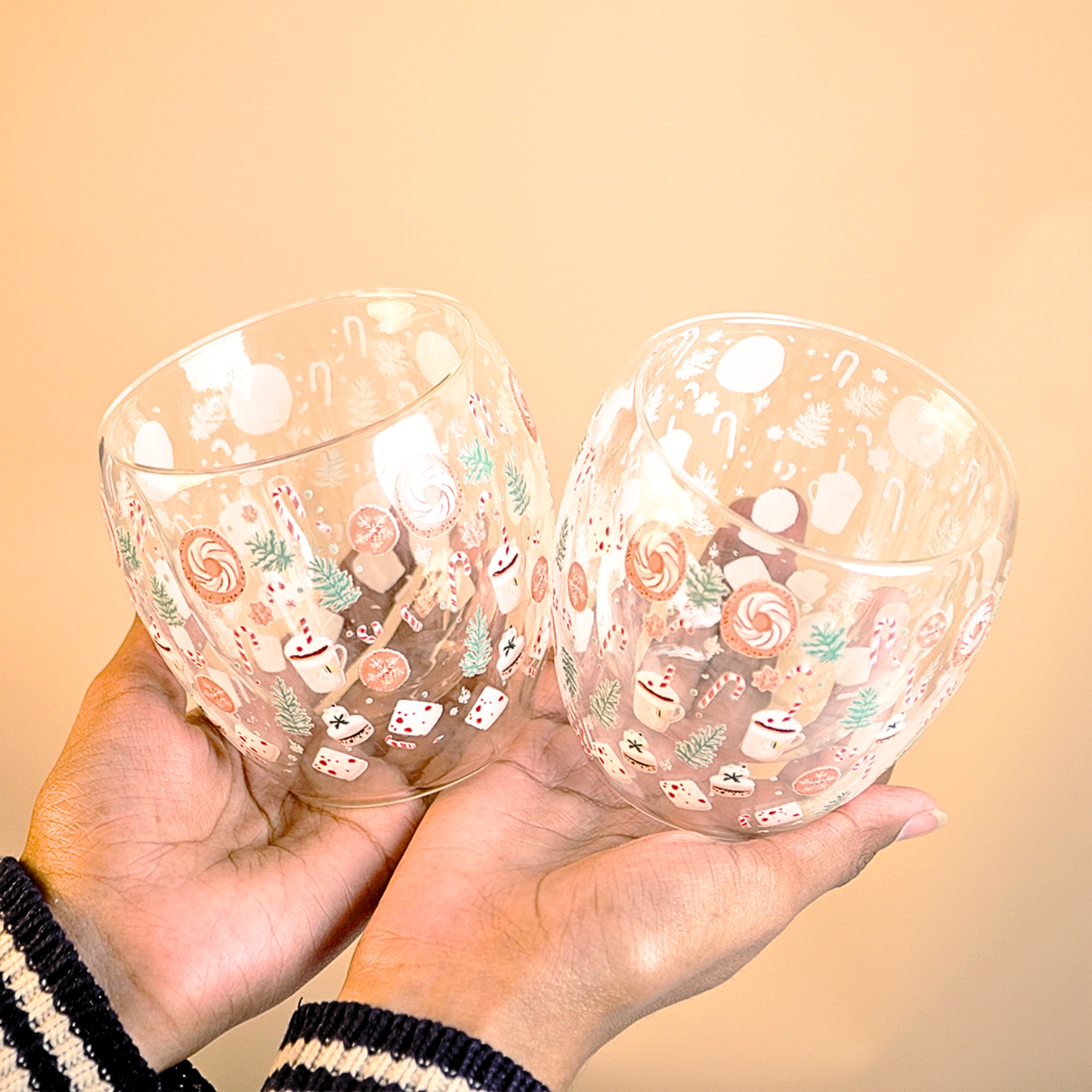 Set-2 Candy Cane & Christmas Treats  -Double Wall Glass Mug