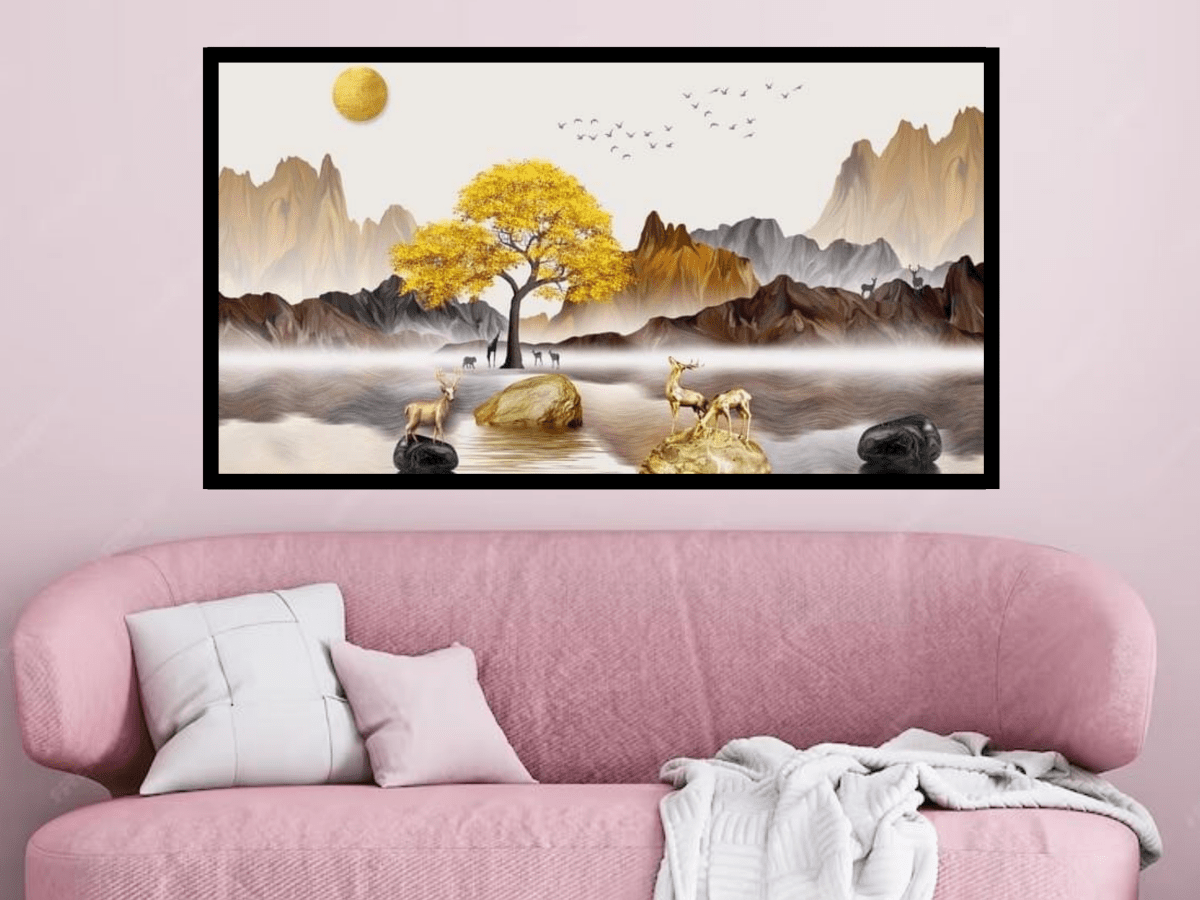 Golden Tree and Deer landscape canvas wall art for living room