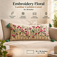 Wildflower Garden Embroidered Lumbar Cushion Cover 14×36 Inch