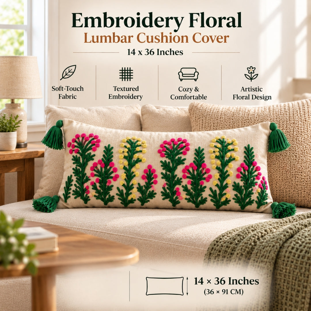 Pink Flower Floral Embroidered Lumbar Cushion Cover with Tassels – 14 × 36 Inch