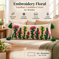 Pink Flower Floral Embroidered Lumbar Cushion Cover with Tassels – 14 × 36 Inch