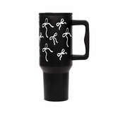 Blush Bloom Black  Travel Tumbler with Handle | Insulated Coffee Mug with Lid | Reusable Water Cup