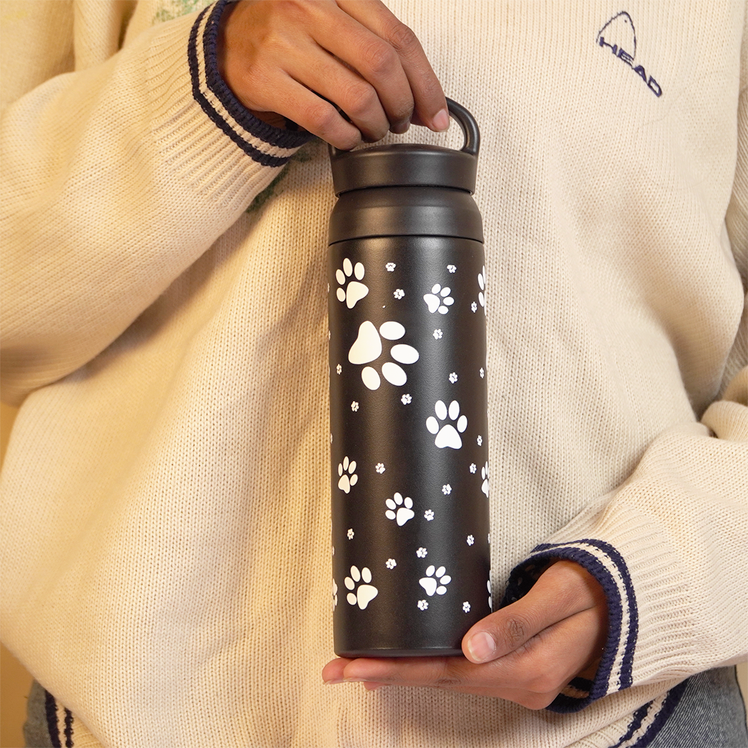 Puppy Paw Vacuum Insulated Tumbler – 490ml Hot & Cold Stainless Steel Bottle with Carry Loop Lid