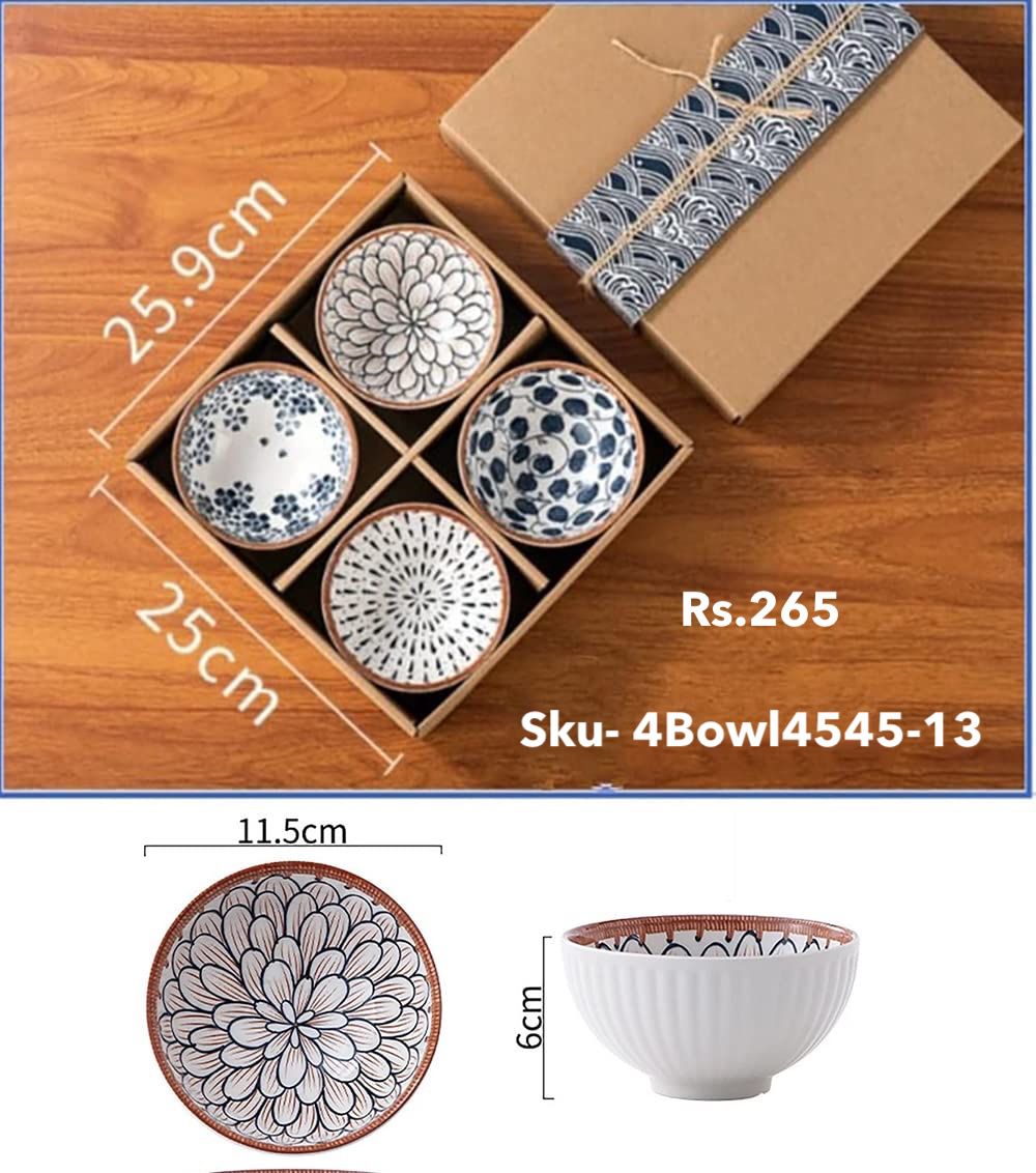 Monochrome Elegance Ceramic Bowls – Set of 4 (11.5cm, 265ml each)