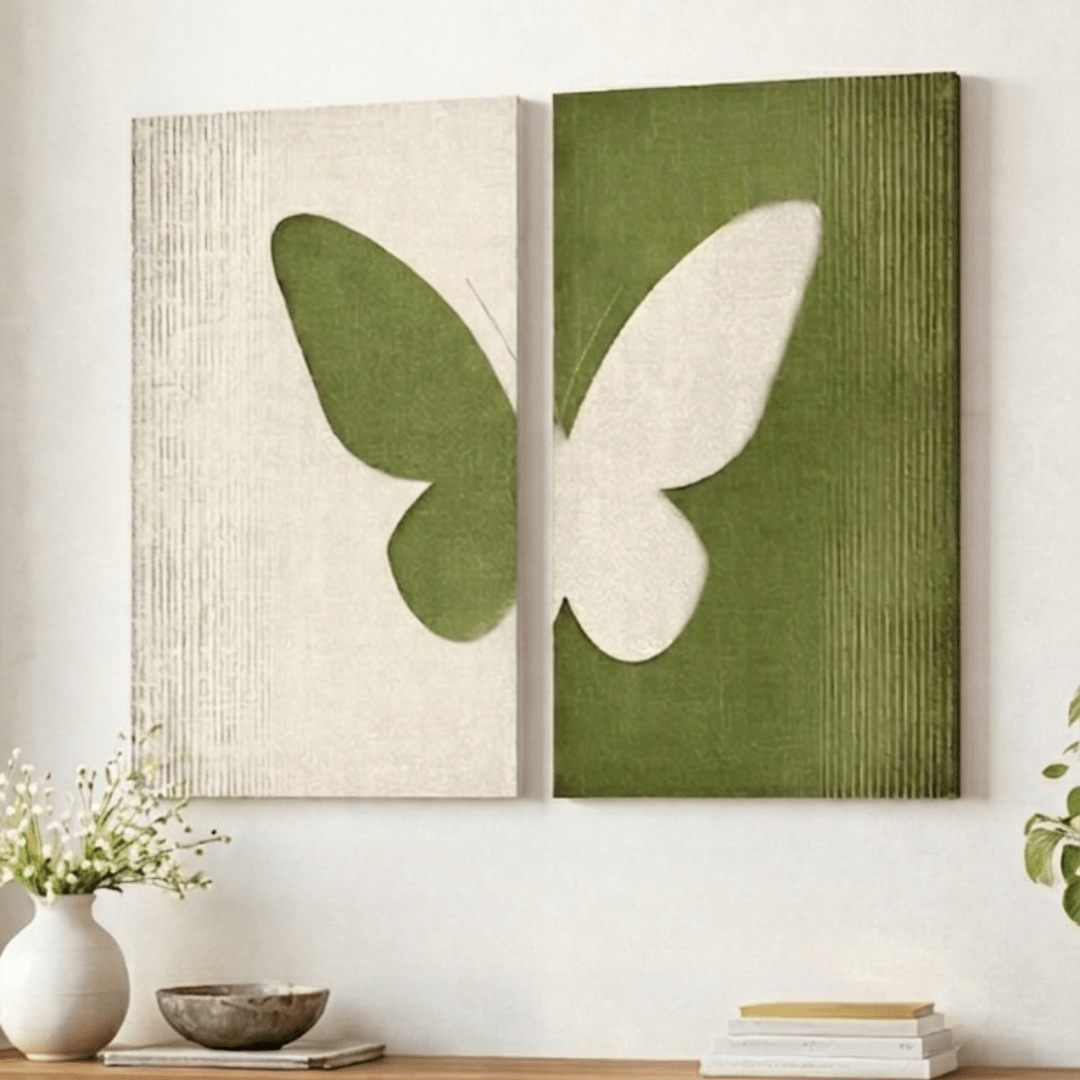 Minimalist Butterfly Duo Wall Art – Green Abstract Canvas Set - Memories InsiteBUTTERFLY DUO WALL CANVAS - STRECHED