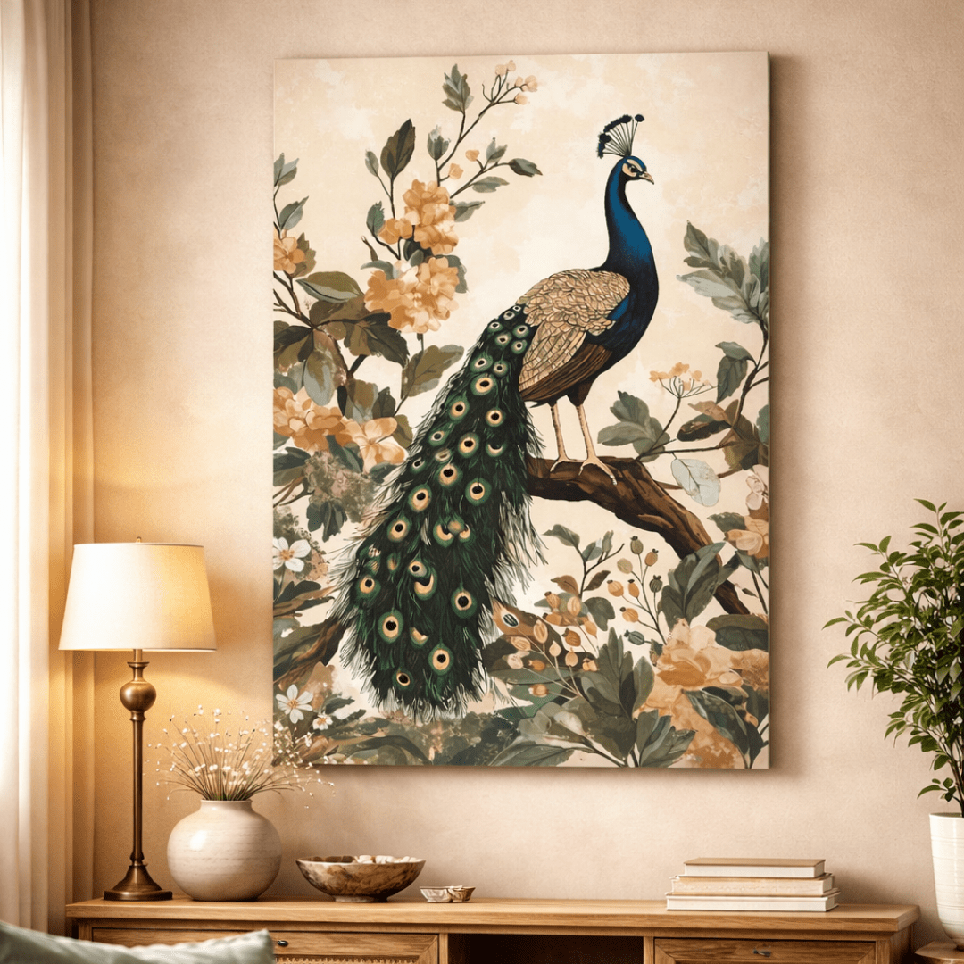 Royal Peacock Botanical Canvas Wall Art for Living Room