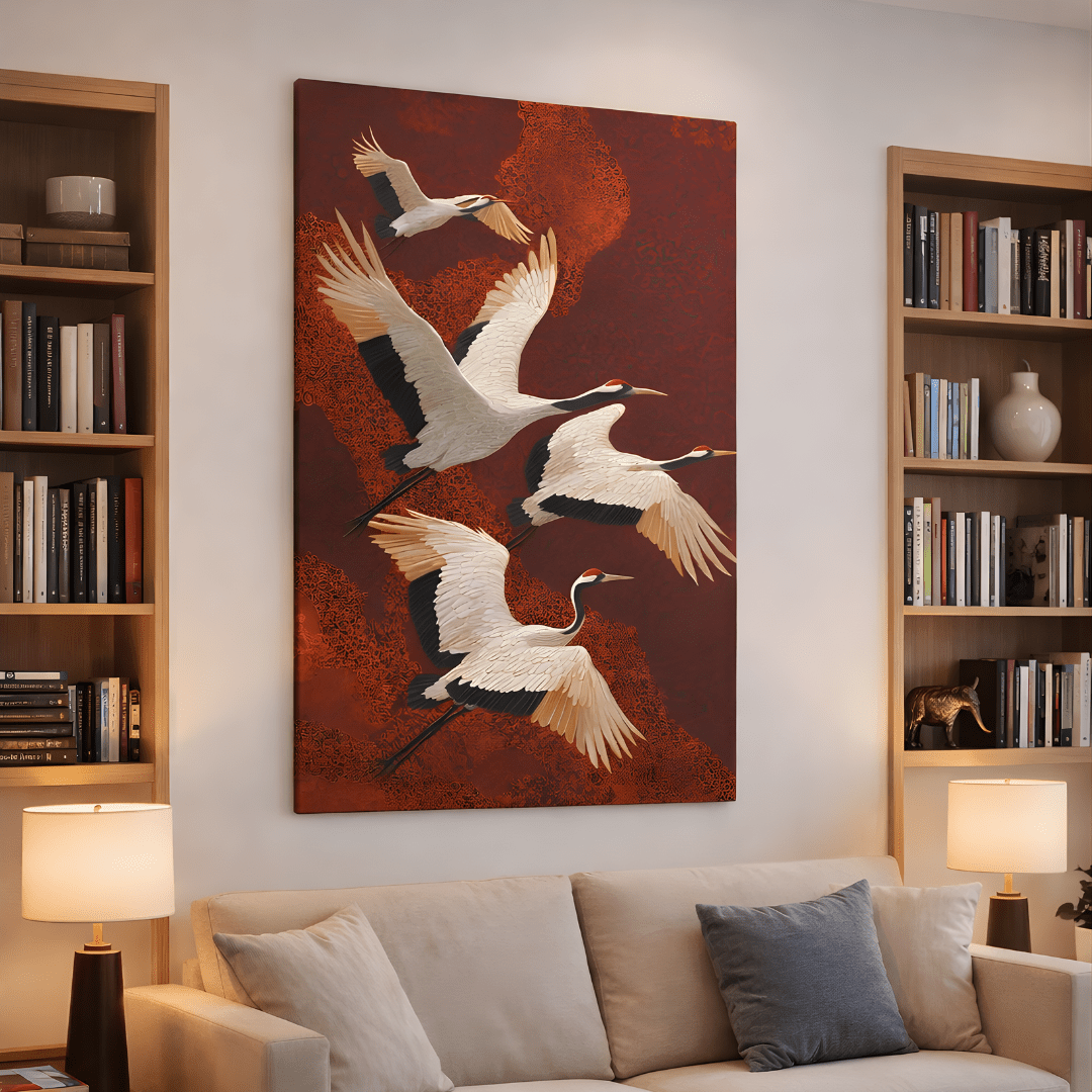 Crimson Flight Canvas Wall Art featuring an elegant red crane painting