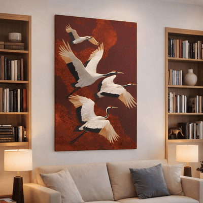 Crimson Flight Canvas Wall Art featuring an elegant red crane painting