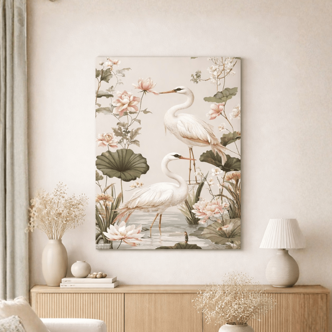 Elegant Heron Garden Canvas Wall Art — Floral Serenity Painting - Memories InsiteELEGNT HERON CANVAS - STRECHED
