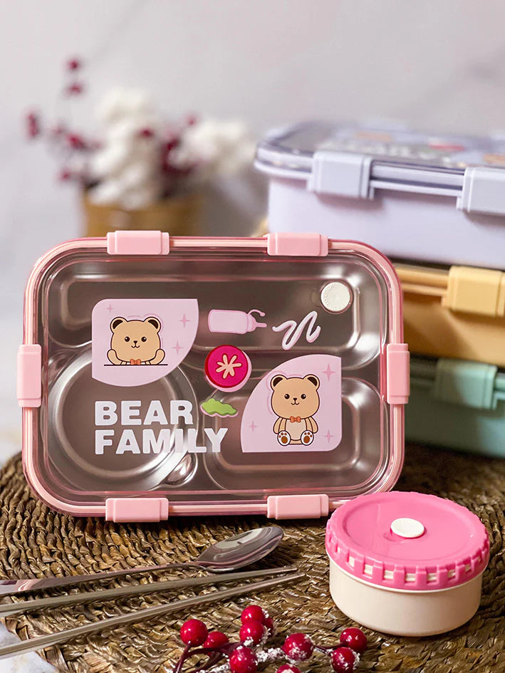 Personalized Stainless Steel Bear Family Bento Lunch Box (3 Grid) With Bowl for Kids