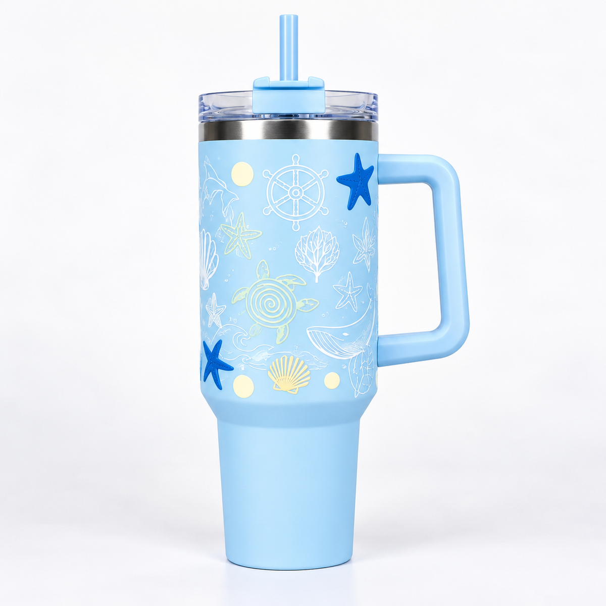 Aqua merin Ocean Theme Insulated Tumbler with Handle, Decorative Sea Life Design Travel Cup with Straw Lid