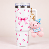 Bow & Heart Print Tumbler with Handle & Charm | Reusable Travel Cup | Cute Everyday Drinkware