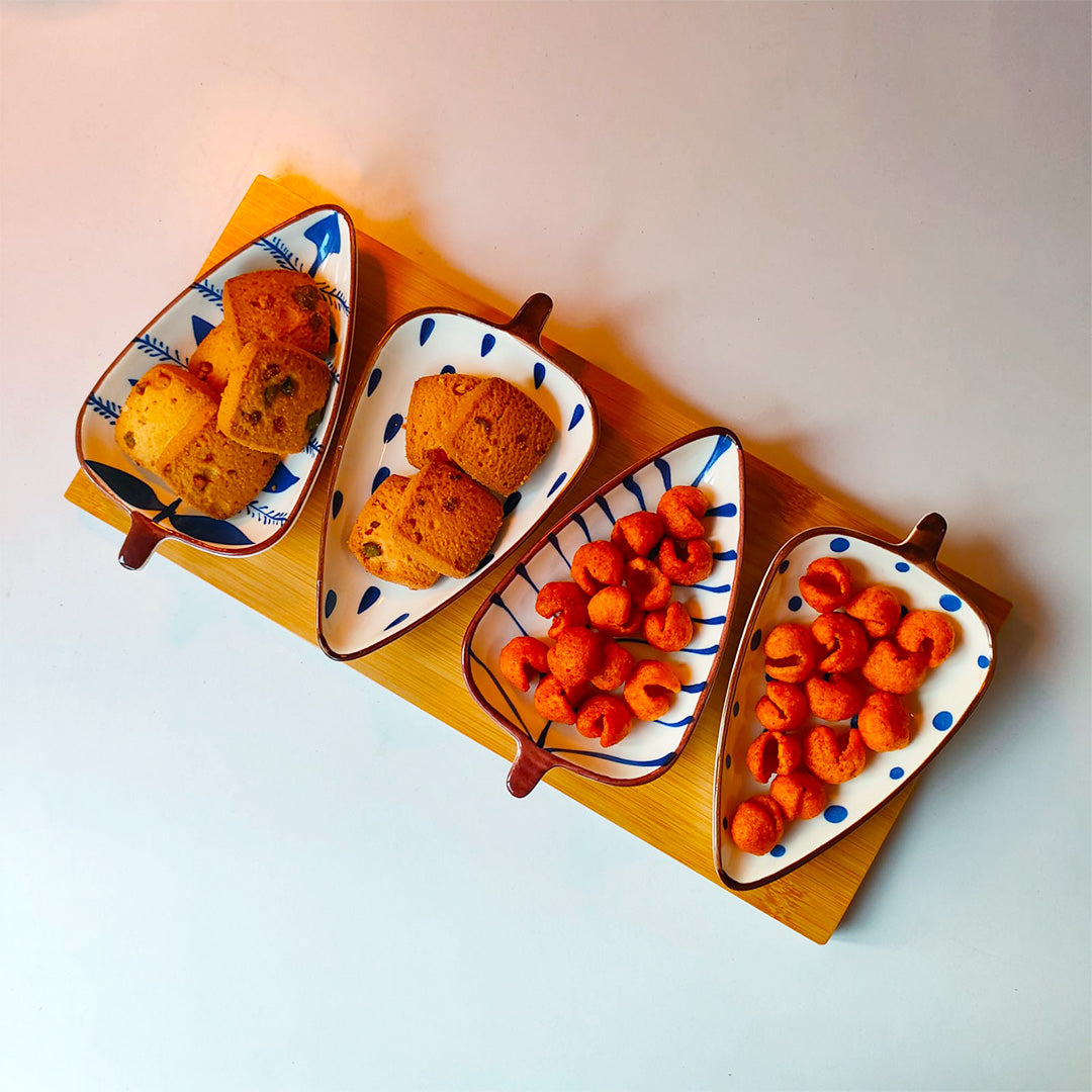 Indigo Leaf Ceramic Platter Set – 4 Leaf-Shaped Plates with Wooden Tray | Elegant Serveware