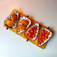 Indigo Leaf Ceramic Platter Set – 4 Leaf-Shaped Plates with Wooden Tray | Elegant Serveware