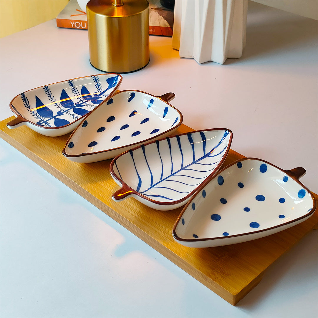 Indigo Leaf Ceramic Platter Set – 4 Leaf-Shaped Plates with Wooden Tray | Elegant Serveware