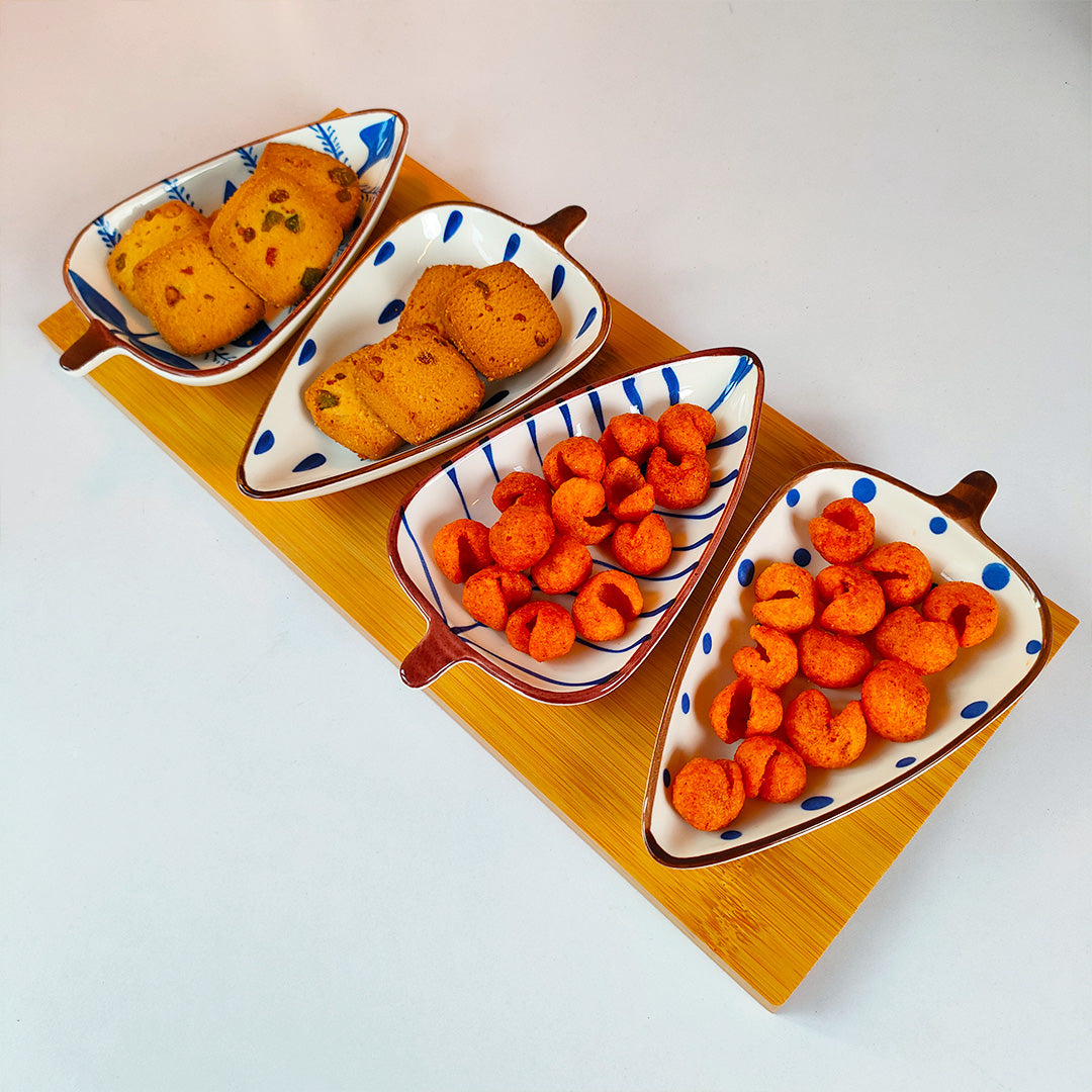 Indigo Leaf Ceramic Platter Set – 4 Leaf-Shaped Plates with Wooden Tray | Elegant Serveware