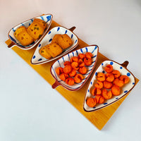 Indigo Leaf Ceramic Platter Set – 4 Leaf-Shaped Plates with Wooden Tray | Elegant Serveware