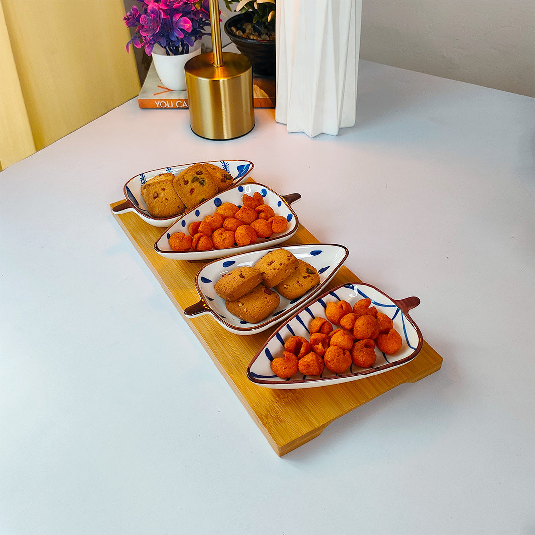 Indigo Leaf Ceramic Platter Set – 4 Leaf-Shaped Plates with Wooden Tray | Elegant Serveware