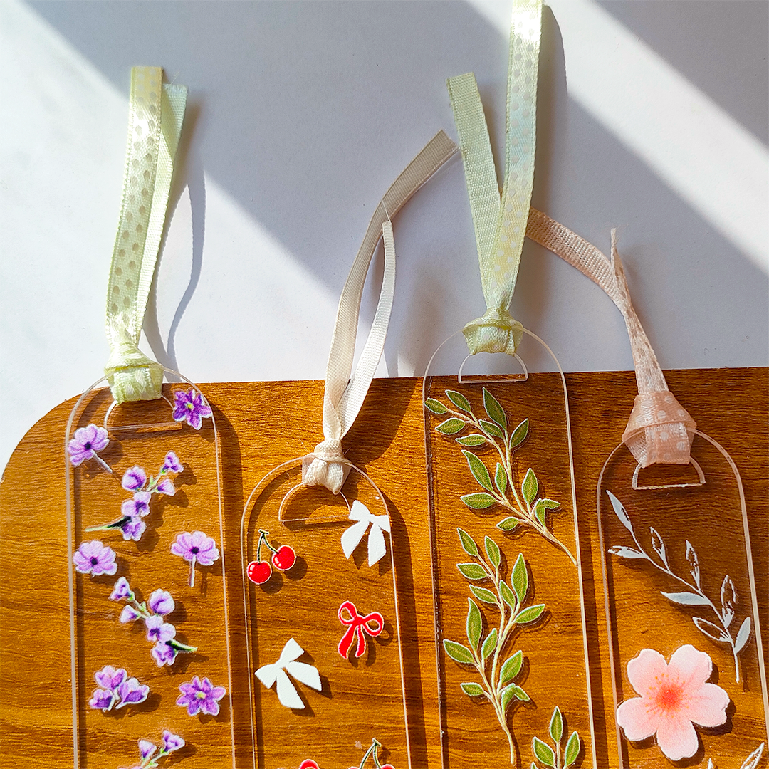 Handcrafted Acrylic Bookmarks with Real Dried Flowers & Satin Ribbons – Combo Pack of 4